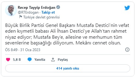 Başkan Erdoğan'dan Ali İhsan Destici için taziye mesajı...